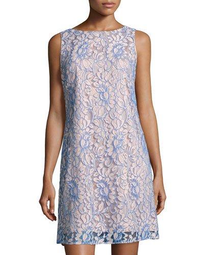 Floral Lace-overlay Shift Dress, Blue/white