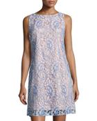 Floral Lace-overlay Shift Dress, Blue/white