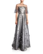 Metallic Flutter-sleeve Illusion Gown With Beaded Tulle