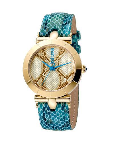 34mm Animal Devore Leather Watch, Blue
