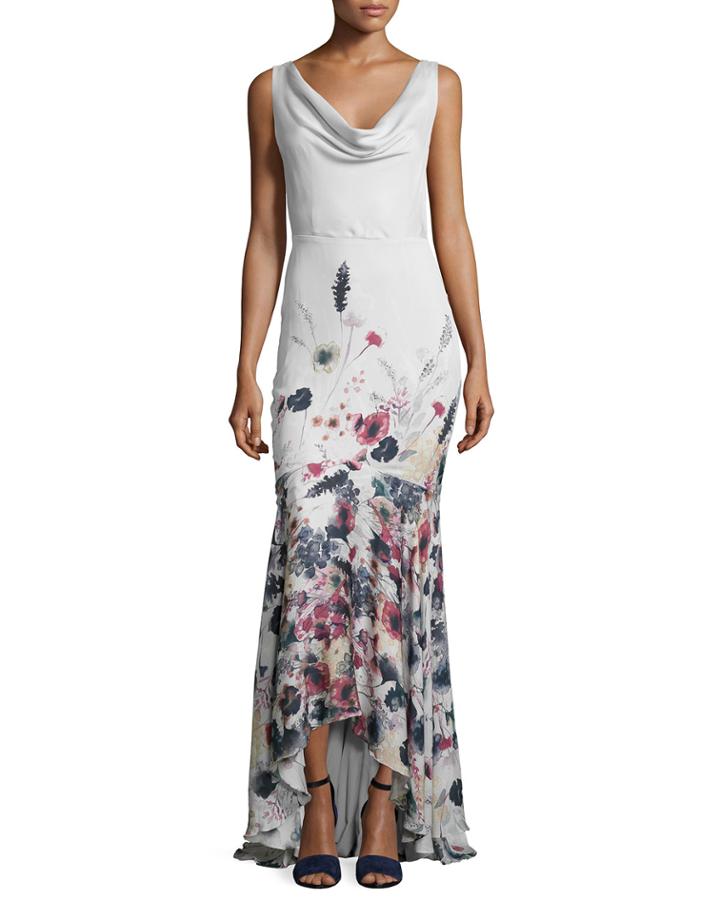 Sleeveless Cowl-neck Floral-print Gown, Anti Ivy/multi
