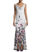 Sleeveless Cowl-neck Floral-print Gown, Anti Ivy/multi