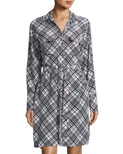 Delany Plaid Long-sleeve Shirtdress, Black/white