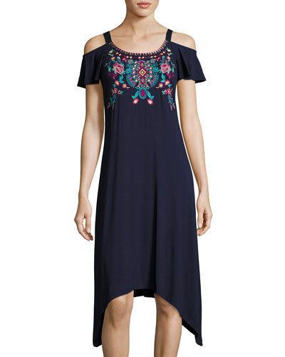 Scoop-neck Cold-shoulder Embroidered Dress