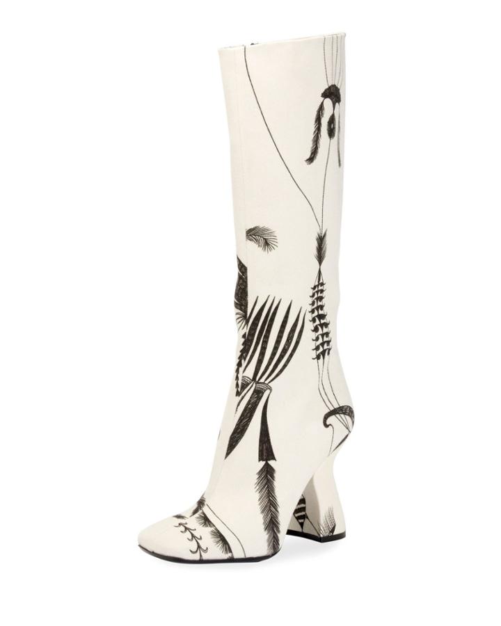 Louis-heel Patterned Canvas Knee Boot