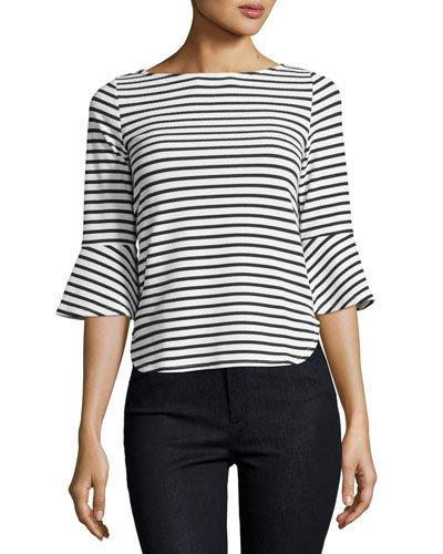 Half-sleeve Zip-back Striped Top, White/black