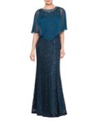 Sequin Lace Dress With Chiffon Cape
