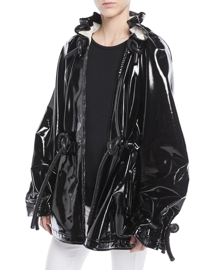 Zip-front Corded Drawstring Lacquered Terry Short Anorak Jacket