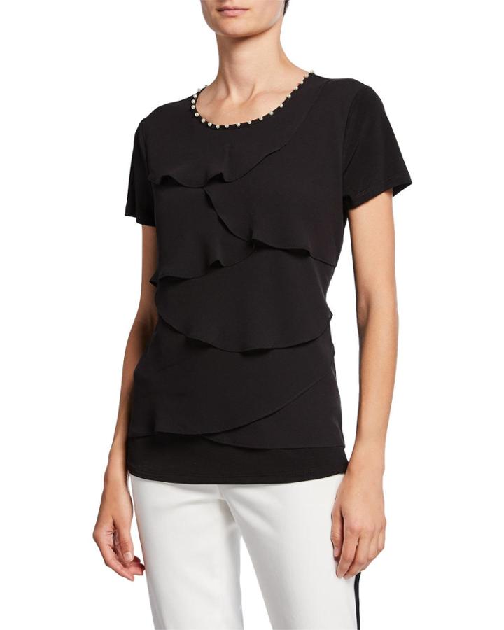 Tiered Pearlescent Knit Top, Black