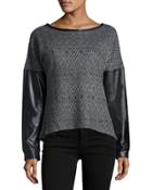 Faux-leather Sleeve Zip-back Sweater, Black/charcoal