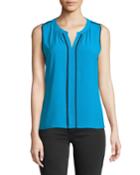 Sleeveless Piped Button-front Blouse