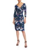 Floral V-neck Long-sleeve Side-drape Dress