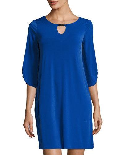 3/4-sleeve Keyhole Shift Dress, Blue