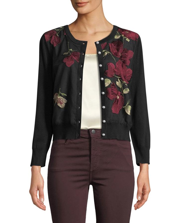 Pearly Button Floral-embroidered Novelty Cardigan