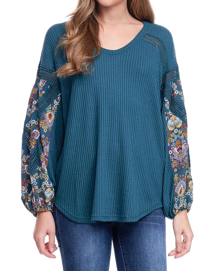 V-neck Waffle-knit Printed Blouson-sleeve Top