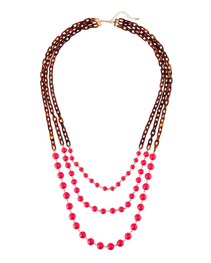 3-strand Chain And Bead Necklace, Pink
