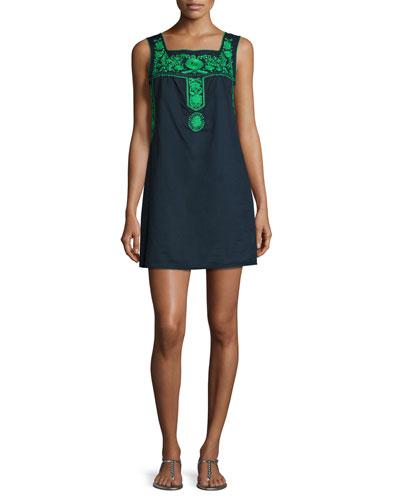 Amira Embroidered Sleeveless Shift Dress, Blue/green
