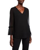 V-neck Ruffle-trim Bell-sleeve Top