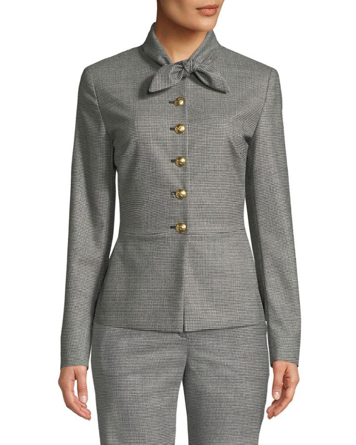 Tie-neck Button-front Mini-houndstooth Jacket