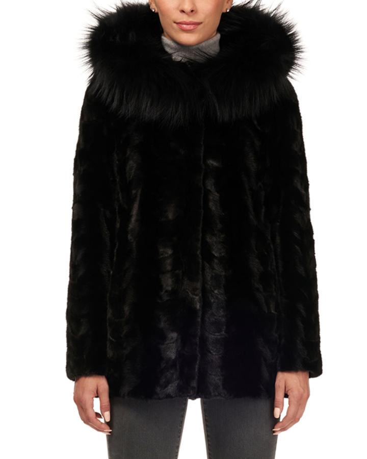 Sectioned Mink Jacket With Fox Trim Hood