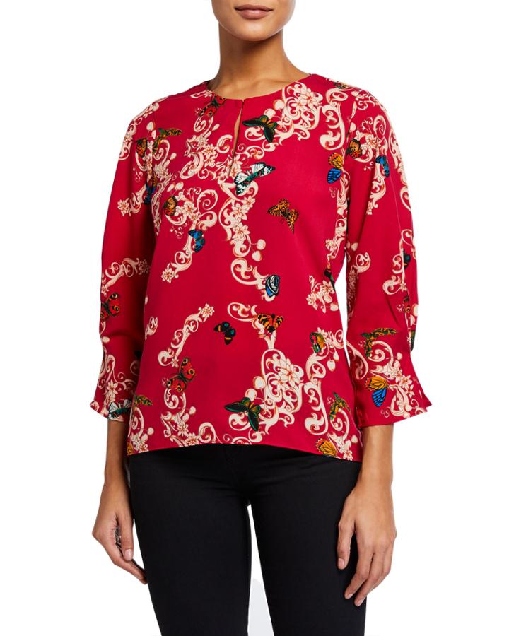 Butterfly-print Keyhole Front Blouse