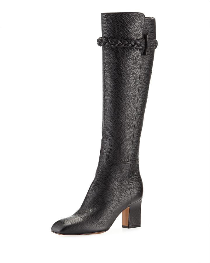 Tall Pebbled Leather Knee Boots W/braided