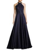Sleeveless Satin Jacquard Ball Gown, Navy