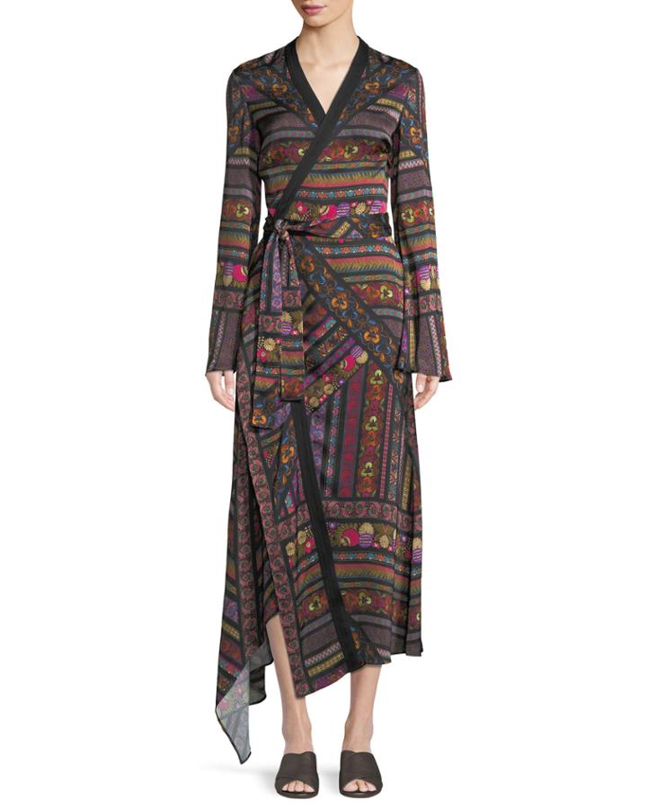 Faux-wrap Long-sleeve Ribbon-print Asymmetric Dress