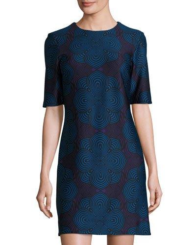Swirl-print Scuba Shift Dress, Bright Navy