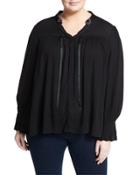 Drawstring-yoke Long-sleeve Top, Black,