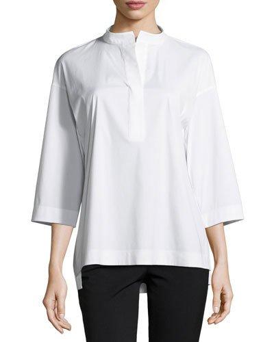 Winnie Band-collar Poplin Blouse, White