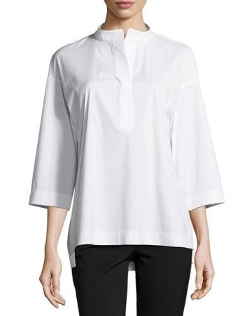 Winnie Band-collar Poplin Blouse, White