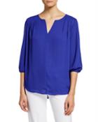 V-neck 3/4-sleeve Pleated Shoulder Blouse