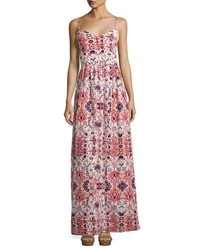 Smocked-back Graphic-print Maxi Dress, White Pattern