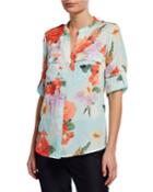Floral V-neck Button-front Roll-sleeve