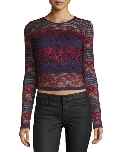 Long-sleeve Lace Crop Top, Burgundy/blue