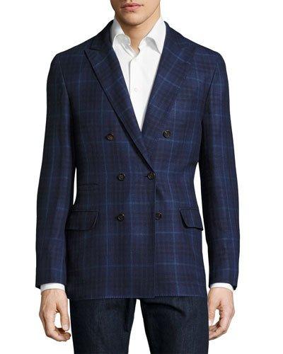 Macro-plaid Double-breasted Jacket, Blue
