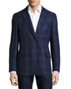 Macro-plaid Double-breasted Jacket, Blue