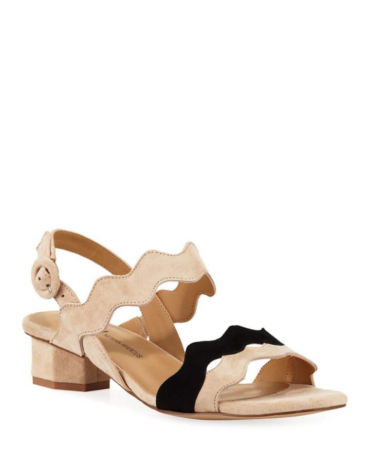 Huggy Scalloped Suede City Sandals, Nude/black