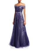 Embellished Off-the-shoulder Short-sleeve A-line Gown