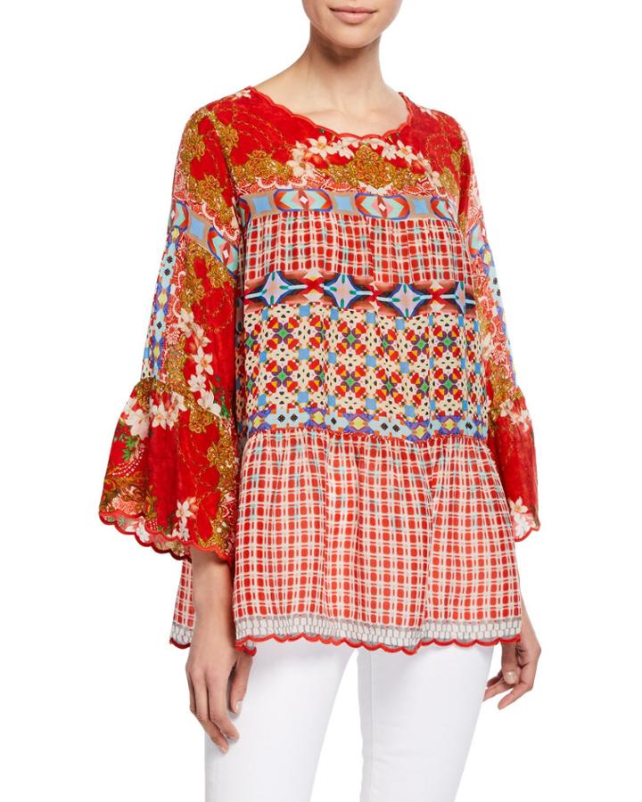 Fyson Scoop-neck Flared-sleeve Mixed-print Blouse