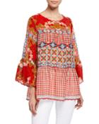 Fyson Scoop-neck Flared-sleeve Mixed-print Blouse
