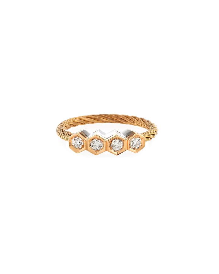 18k Rose Gold & Stainless Steel 4-diamond Cable Ring,