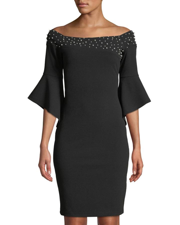 Pearl-embellished Off-the-shoulder Cocktail Dress