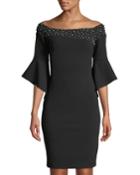 Pearl-embellished Off-the-shoulder Cocktail Dress