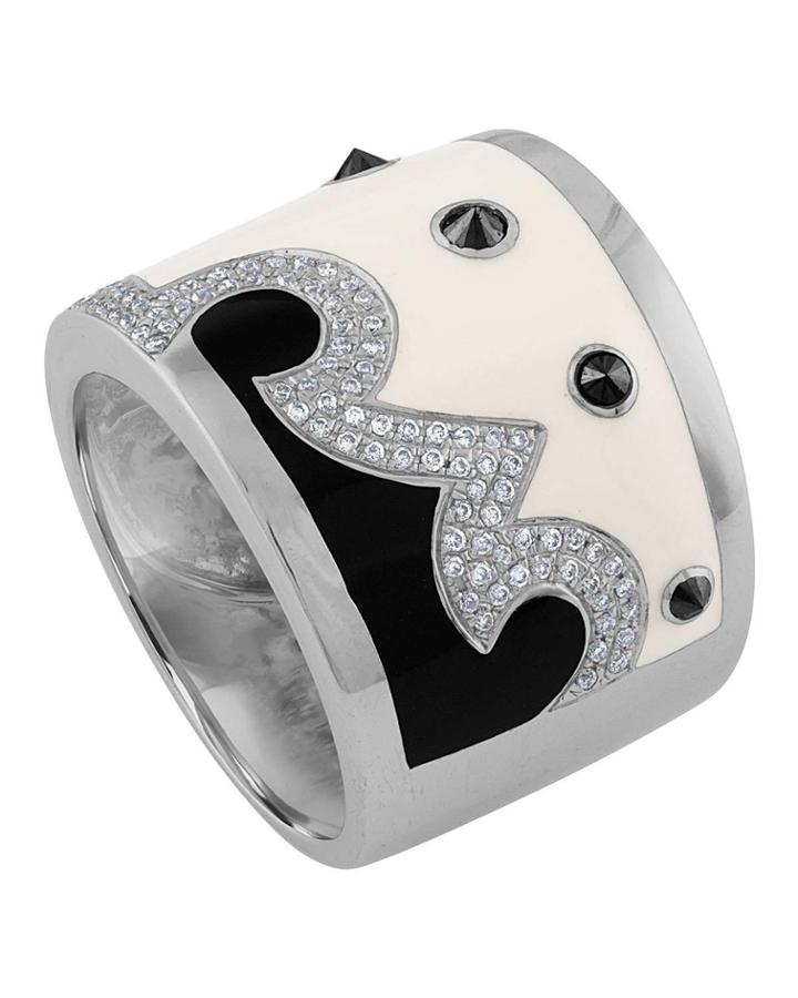 18k White Gold Enamel Band Ring W/ Diamond Spikes, White,