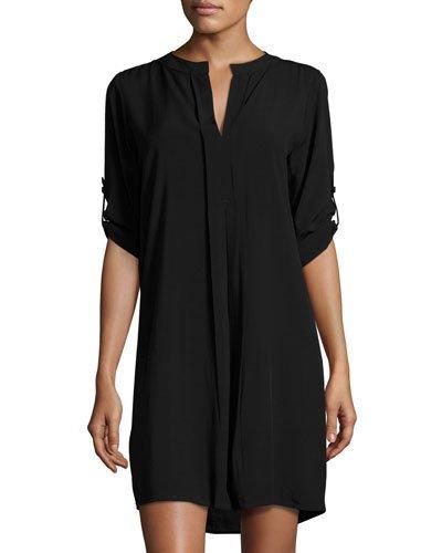 3/4-tab-sleeve Shirtdress, Black