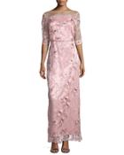 3/4-sleeve Embroidered Gown