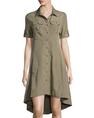 Button-front High-low Shirtdress, Olive