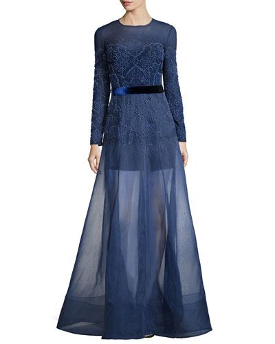 Long-sleeve Embellished Gown W/organza Overlay Skirt, Nightfall